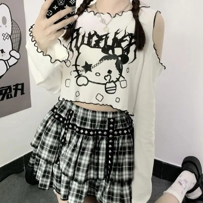 

Мультяшная футболка HelloKitty с длинным рукавом Женские расклешенные рукава Короткая свободная футболка милая девушка сексуальный пупок откровенный наряд топы Шорты