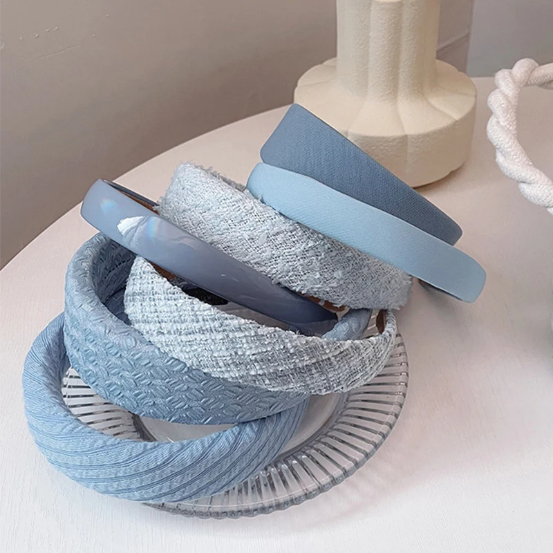 

Sky Blue Series Headbands Wash Face Wide Hairbands French Blue Sponge Hair Hoop Glossy Twill Head Hoop Fashion Hair Accessories