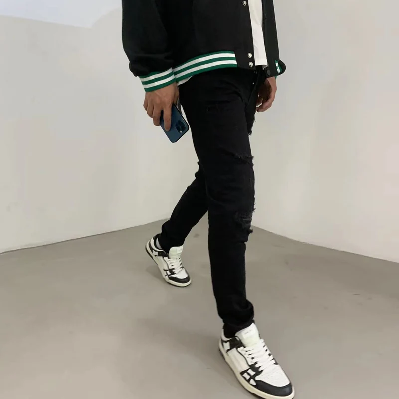 Streetwear Fashion Brand Men Jeans Elastic Leather Patched Designer Ripped Jeans Men Black Stretch Skinny Trousers Hip Hop Pants