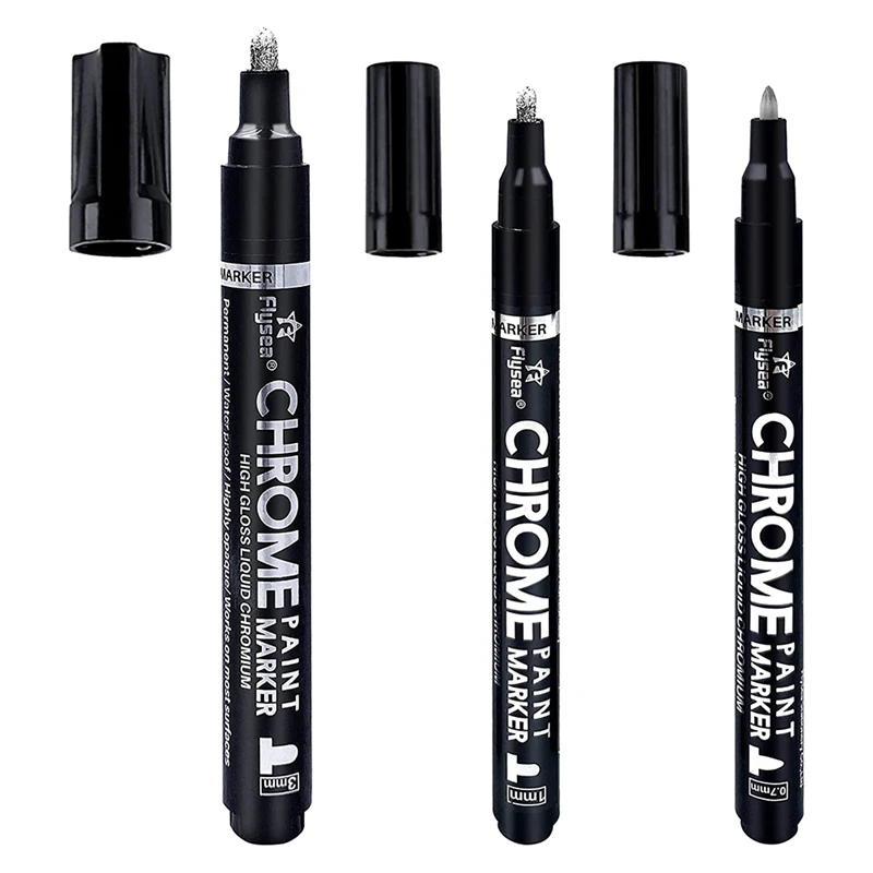

3Pcs Silver Liquid Mirror Chrome Markers, Permanent Reflective Mirror Liquid Chrome Paint Pens Set - 0.7mm,1mm, 3mm