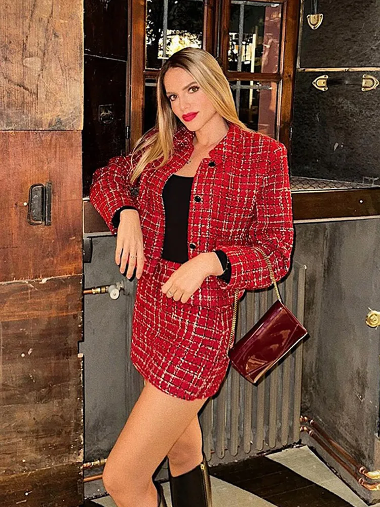 Элегантное твидовое пальто мини-юбки женский комплект из 2 предметов красная