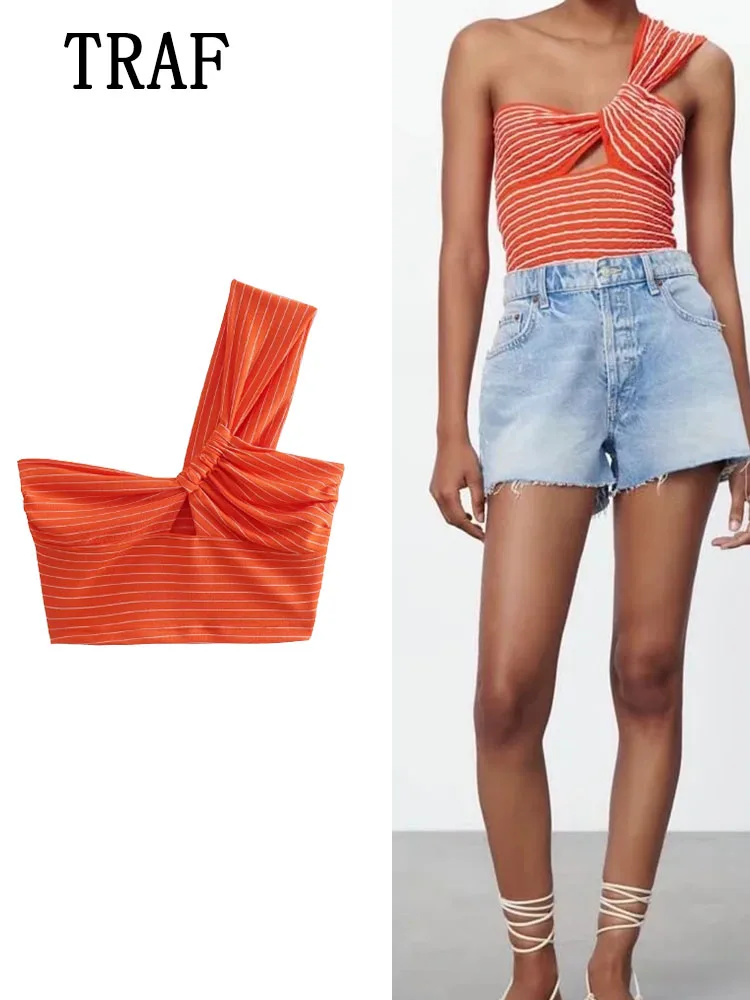 TRAF ZA&ree 2022 Orange Top Women Fashion One Shoulder Knitted Tank Tops Vintage Backless Thick Straps Sexy Female Sling Tops