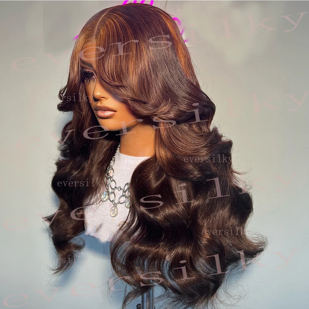 Highlight Auburn Blonde 13x6 HD Lace Front 100% Human Hair Wigs Curtain Bangs Chocolate Brown Wavy Glueless Closure Fringe Wig