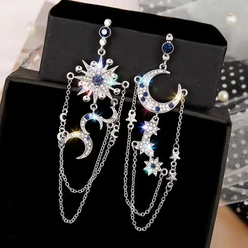 

Romantic Star Moon Asymmetry Tassel Dangle Earrings for Women New Korean Fashion Zircon Crystal Pendant Charm Jewelry Girl Gift