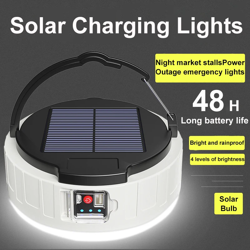 LED Solar Camping Light 100W USB Charging Super Bright Bulb Outdoor Tent Emergency Lights Remote Control Waterproof  Flashlight