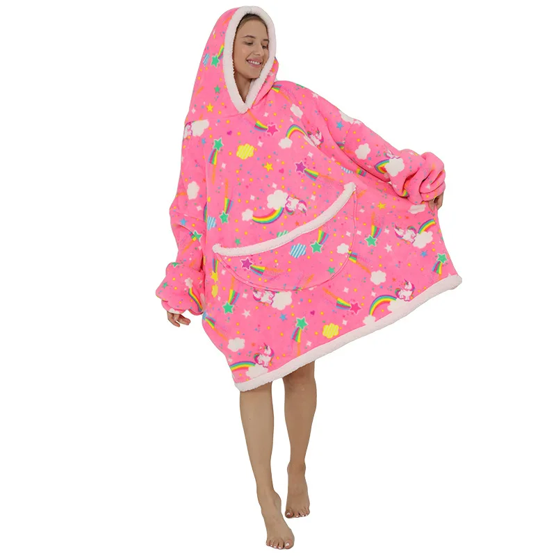 Winter Women Compound Fleece Lined Flannel Hoodie TV Blanket Hooded Slacker Home Thermal Pajamas