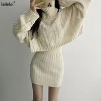 twist knitted sweater 2 piece skirt set long sleeve turtleneck pullover top mini skirts autumn winter 2022 korean retro suit