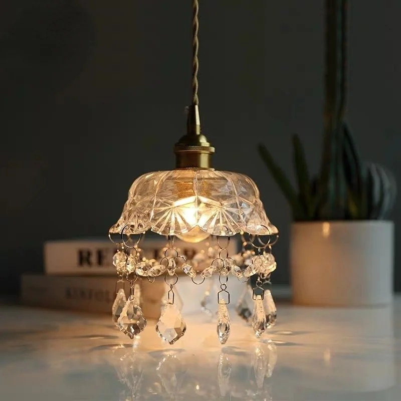 Vintage brass crystal glass Pendant lamp E27 living room Fixtures Glass European Retro Pendant Lighting Vintage Single head Lamp