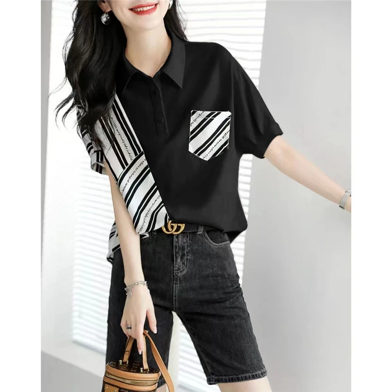 

Women's Clothing Y2K Striped Print Patchwork Button Up Shirt Summer Korean Fashion Simple Casual Blouse Short Sleeve Tops Blusas
