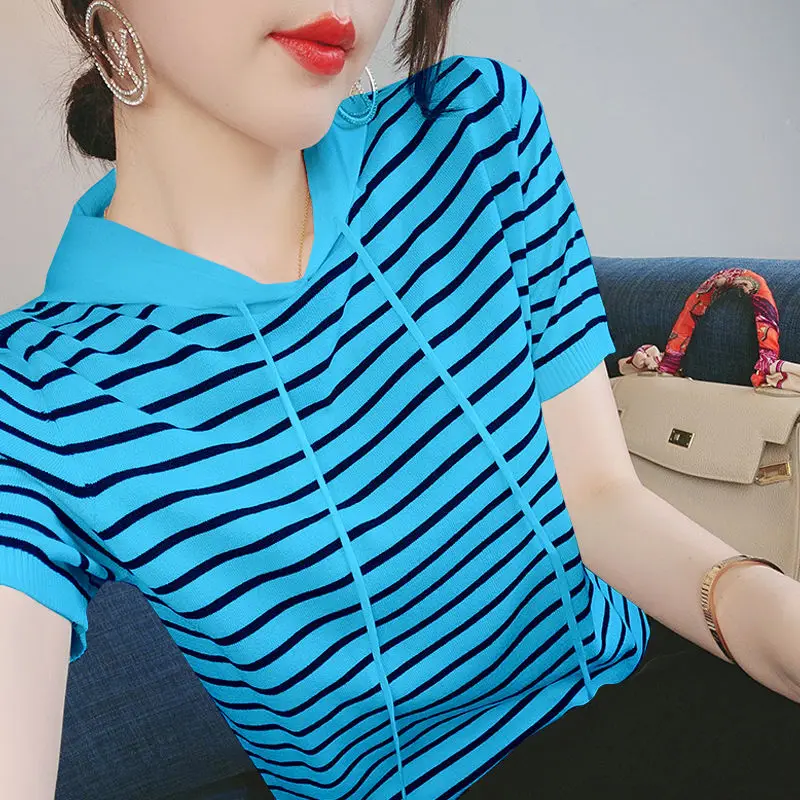 

Thin hooded ice silk short sleeve women's 2022 summer new loose slim large size knitted jacket Korean T-shirt