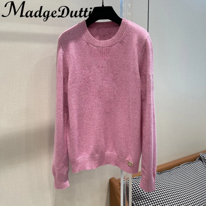 

10.17 MadgeDutti Metal Letter Decoration Jacquard O-Neck Cashmere Comfortable Knitted Sweater Women
