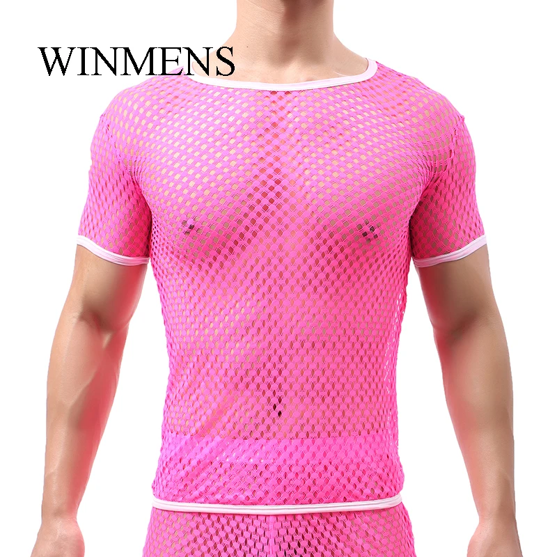 Men's Fishnet See Through Undershirts Summer Funny Cut-outs Mesh Short Sleeve Shirts Ultra Elastie Sheer Gay Bodysuit Breathable
