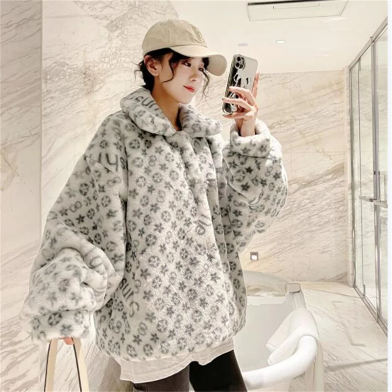 Winter faux fur jacket womens new small square collar thick clothes loose long sleeve doll sleeve plush coats spring autumn