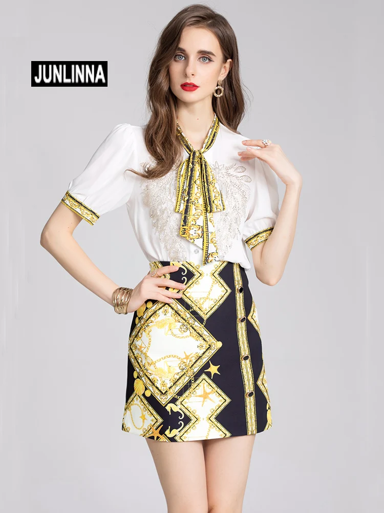

JUNLINNA Summer Fashion Women Two Piece Sets High Street Sequins Beading Scarf Collar Shirt+Shorts Printed Suit