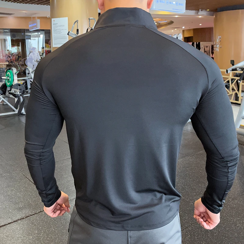 Men's Patchwork Fitness Sweatshirts With Zipper Elastic Shrink Quick Dry Thin Long Sleeve Sports Tops Autumn Casual Sportwear