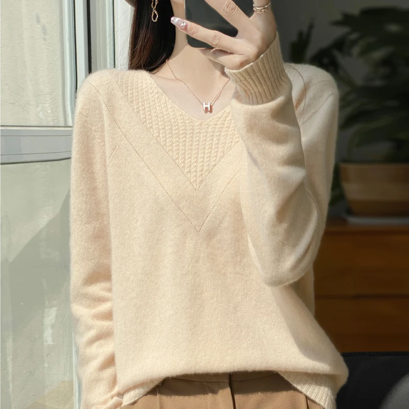 Женский трикотажный пуловер из чистой австралийской шерсти с V-образным вырезом