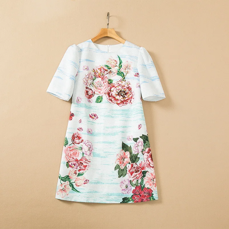 

European and American women's wear spring 2022 new Short-sleeved floral floral jacquard with beaded nails Fashion dress