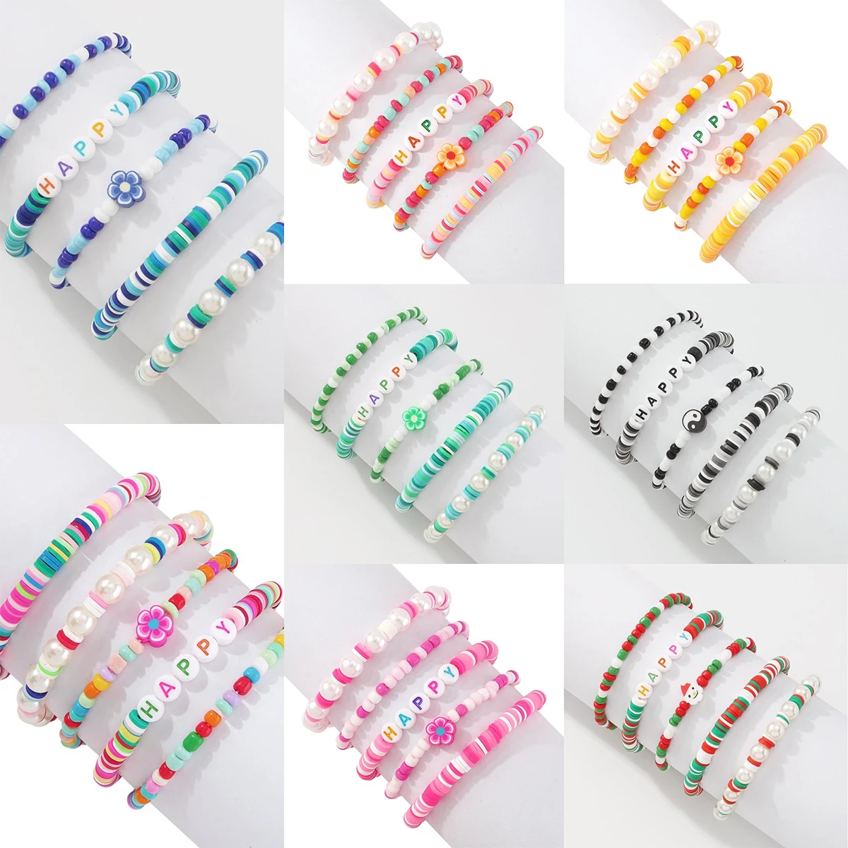 

Bohemian Multilayer Polymer Clay Bracelets Set for Women Flower Beads Happy Letter Bracelet Beach Party Jewelry Set Accessories