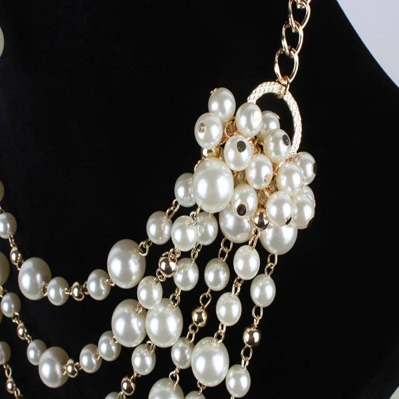 Vintage Multilayer Pearl Choker Necklace Earrings Set For Women Trend Clavicle Chain Sweater Necklace Wedding Bridal Jewelry