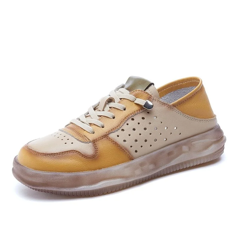 

New Women's Hollow Hole Shoes Retro Casual Board Shoes Flat Bottom Genuine Leather Women Oxford Shoes Zapatos De Verano Mujer