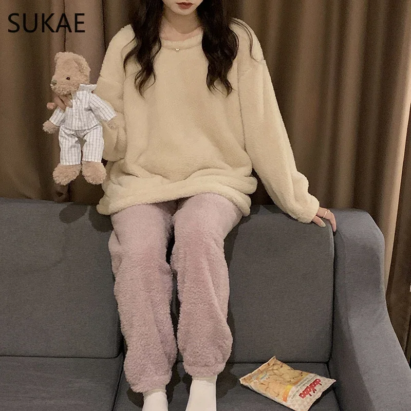 Новинка 2023 года зимний теплый женский пижамный комплект SUKAE однотонные пижамы в