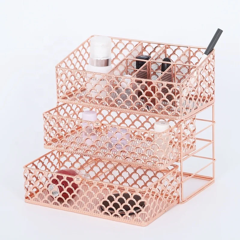 

Luxury Rose Gold Metal Perfume Make Up Vanity Stand Holder Makeup Cosmetic Organizer Storage Box
