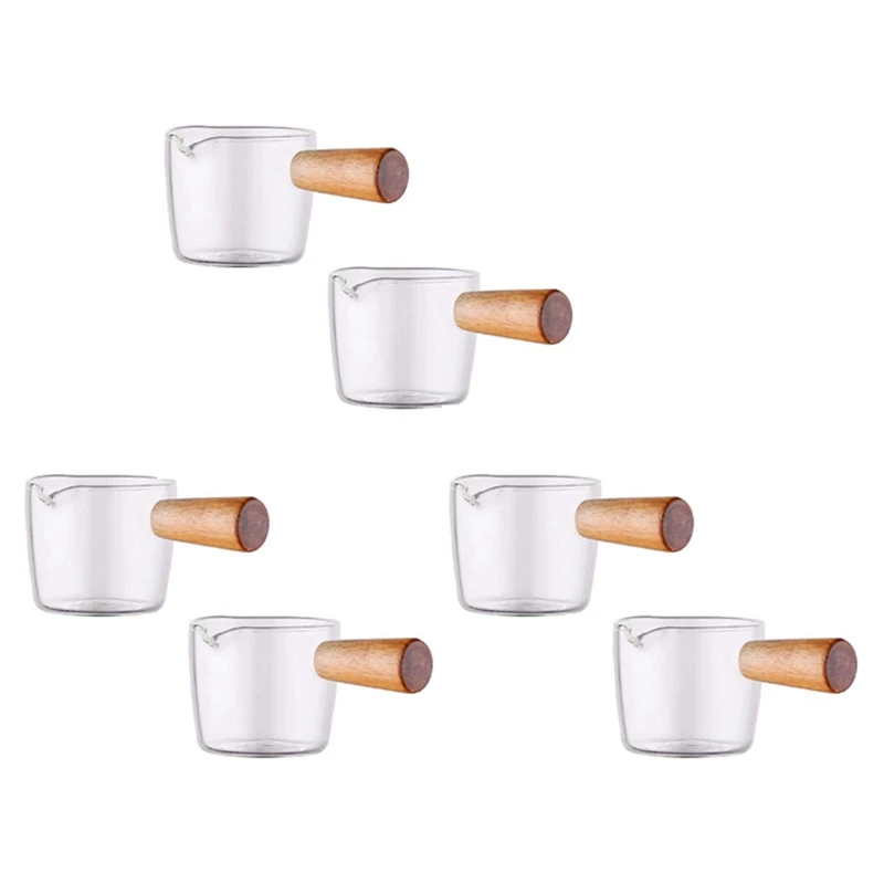 

New 6PCS Transparent Glass Creamer With Wooden Handle, Mini Coffee Milk Creamer Pitcher. 100Ml