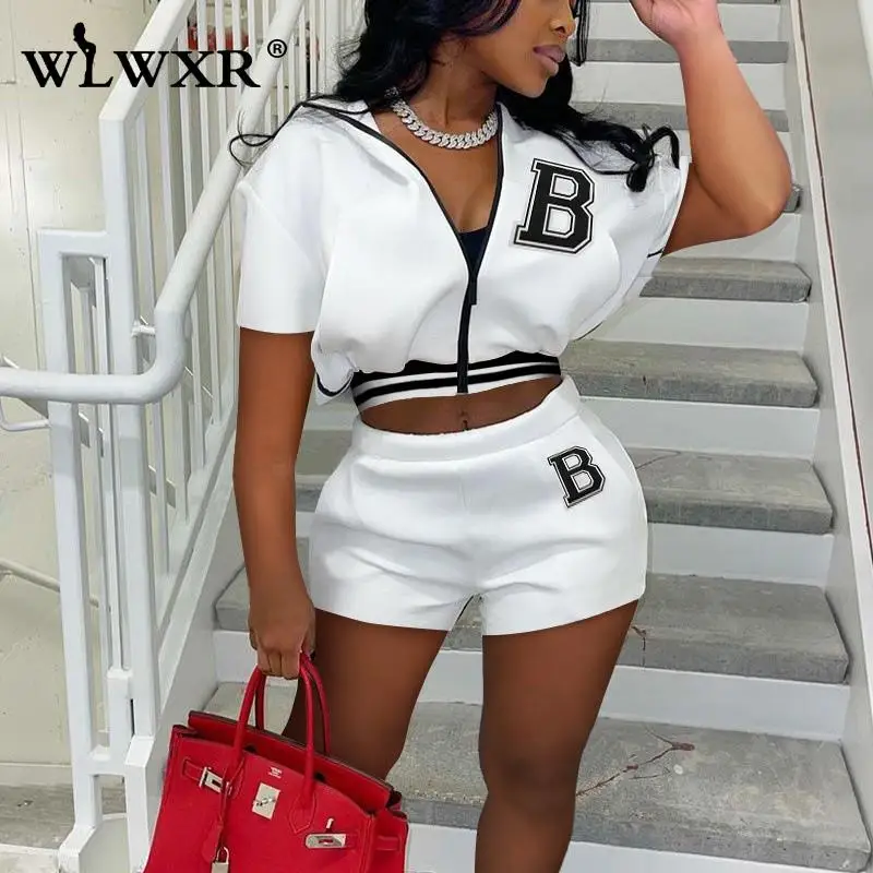 

WLWXR Spring White Letter Print Patchwork Casual Tracksuit 2 Two Piece Set Outfits For Womens Clothing Top And Short Pants Set