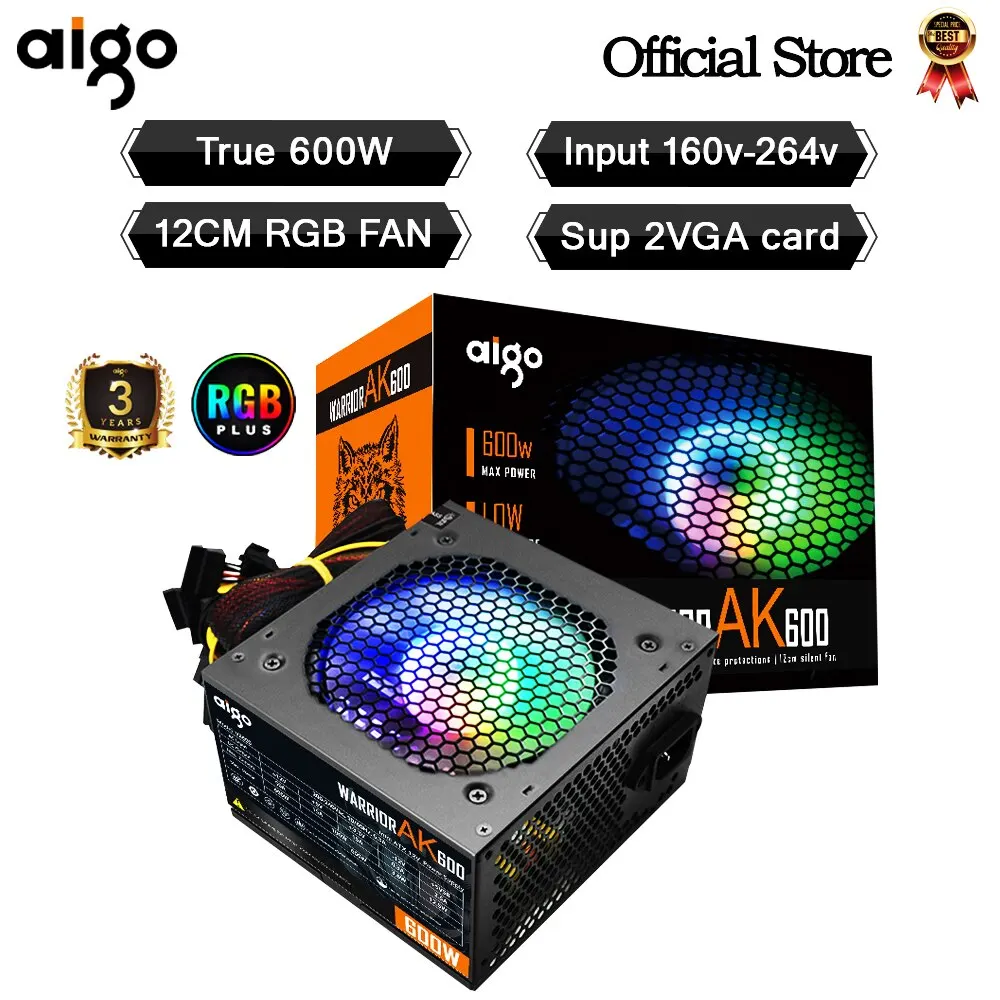 Блок питания Aigo AK для ПК, 600 Вт, черный тихий блок питания для игр, 120 мм, RGB вентилятор, 24 контакта, 12 В, ATX, блок питания для настольного компьютера, для BTC