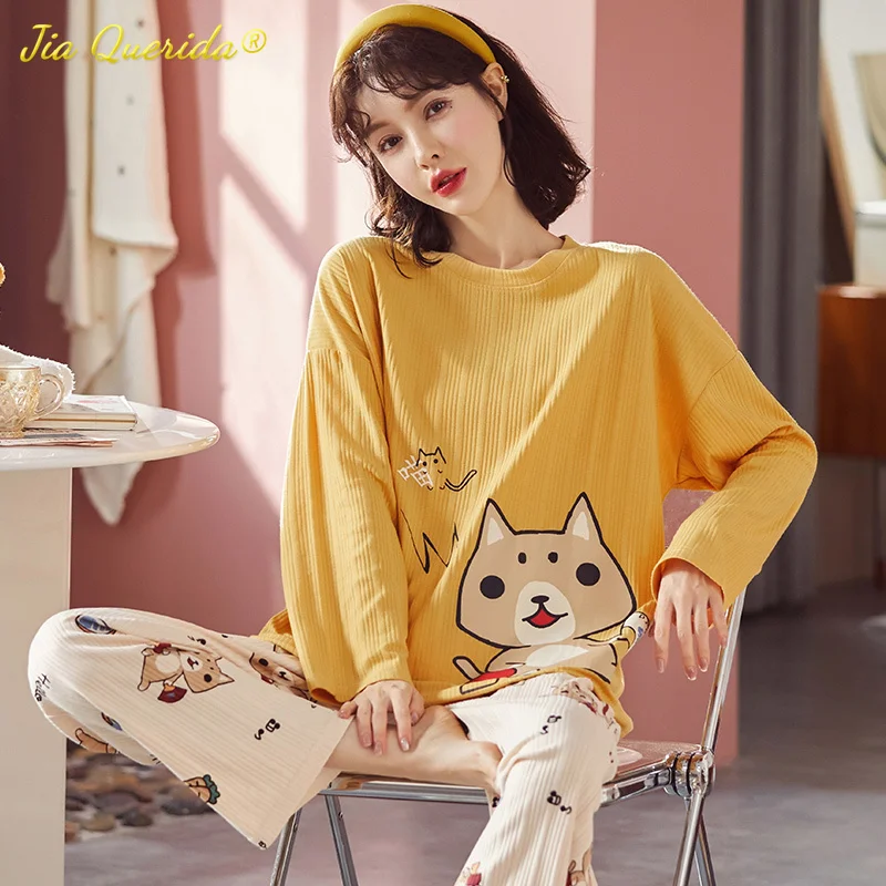 Plus Size Pajamas for Women Cotton Loungewear 4xl 5xl Cat Printing Two Piece Set Autumn Winter Home Clothes for Big Size Ladies