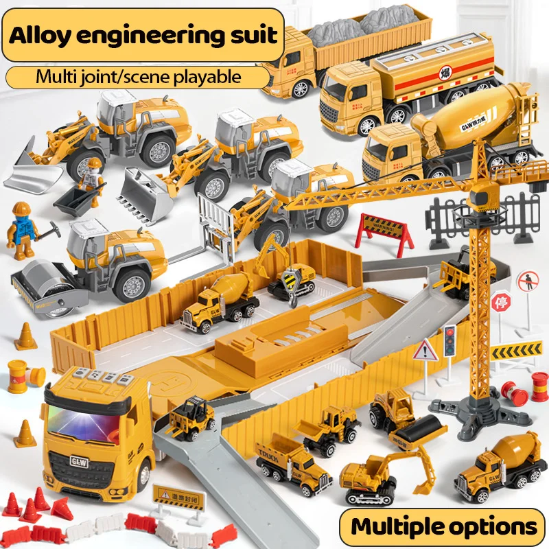 

Alloy Car Model Toy 1:55 Engineering Excavator Fire Engine Set Crane Transport Vehicle Sliding Cars Children'S Toy Gift Box
