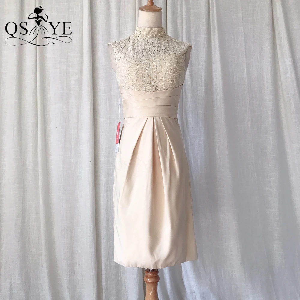 

QSYYE Champagne Short Mother of the Bride Dresses High Neck Lace Column Mom Party Gown Ruched Wide Waistband Prom Gown 2022