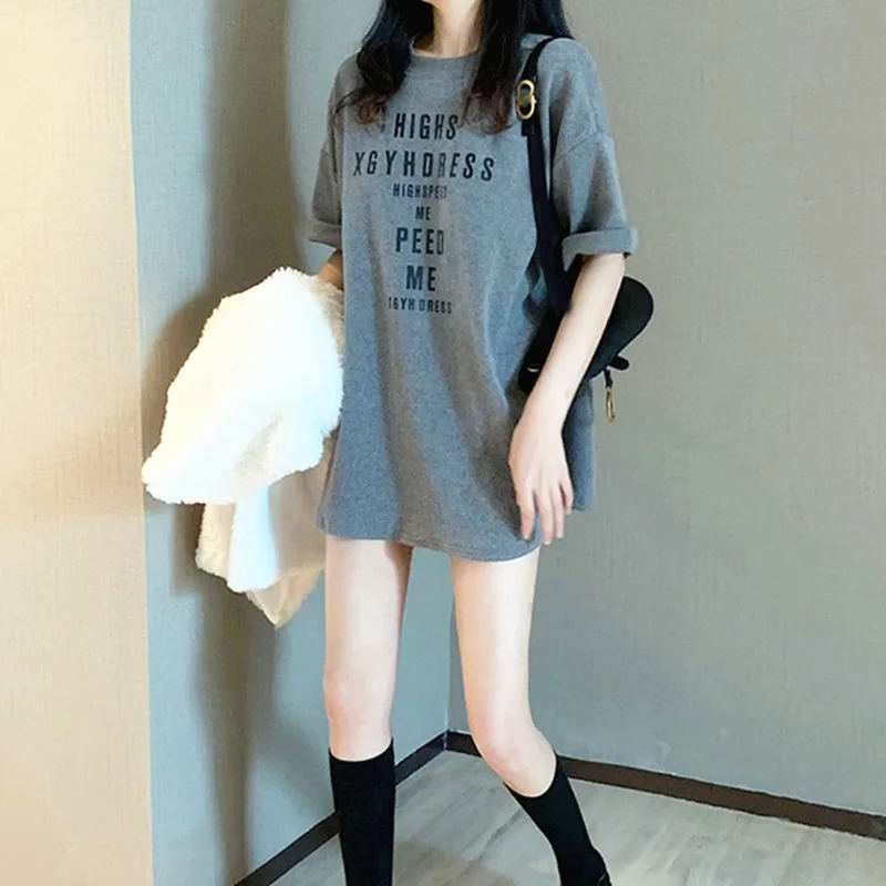 

Pullover Half Sleeve Women Summer Casual T-shirt Round Neck 2022 Letter Print Bottomed Tee Female Loose Top Drop Shipping