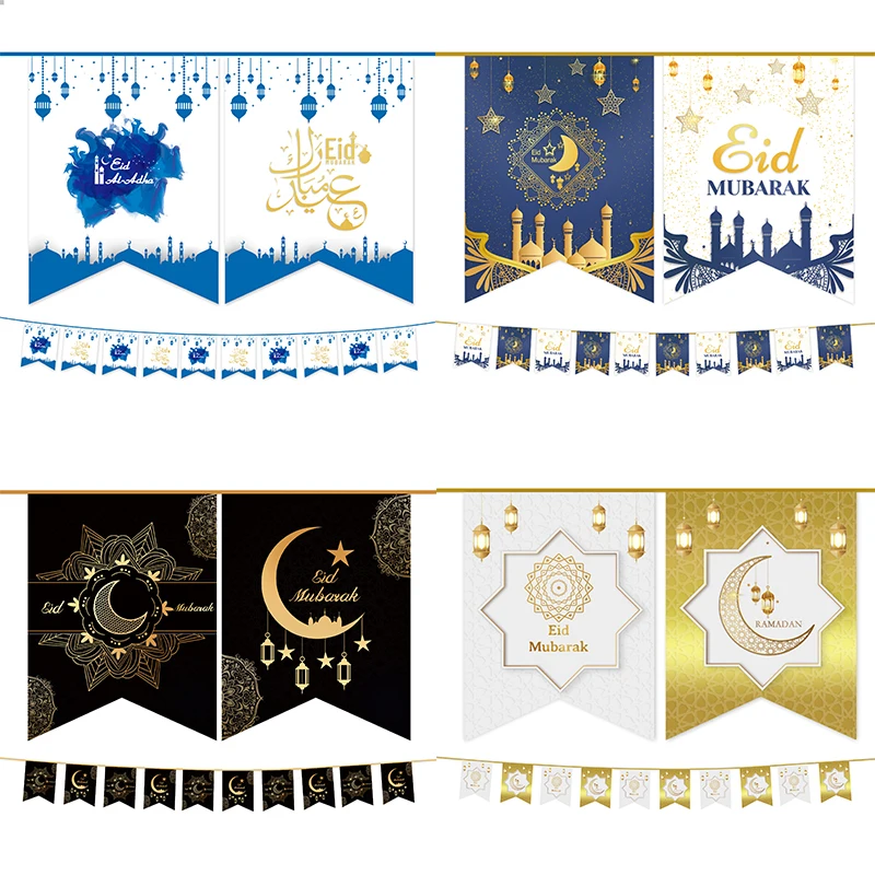 

Eid Mubarak Moon Star Bunting Banner Black Gold Paper Wall Hanging Flags Ramadan Decorations Eid Al-Adha Muslim Party Supplies