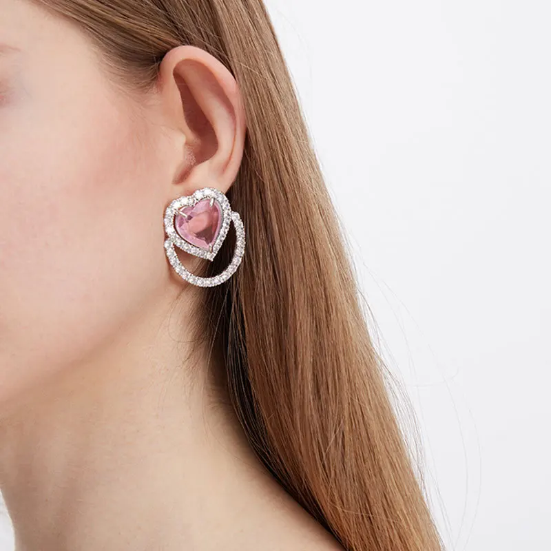 

Pink Heart Stud Earrings White Gold Plated for Women