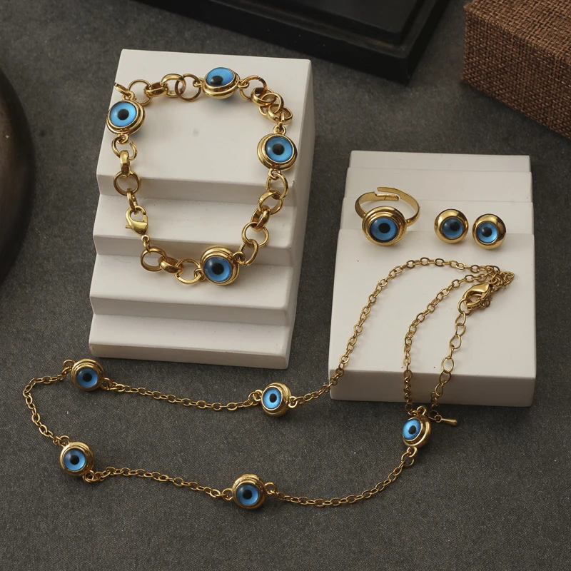 New Turkish Blue Eye Jewelry Set for Women Arabic Muslim Wedding Jewelry Etnic Lucky Eye Necklace Gold Color Costume Jewelry