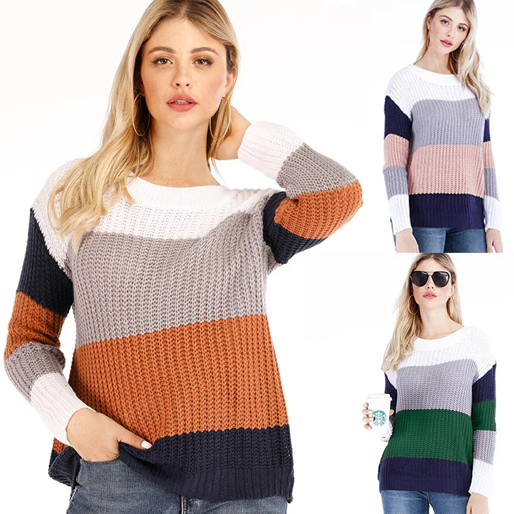 

Spring Autumn Women's Sweater Round Collar Long Sleeve Pullover Knitted Striped Loose Fashion Office Lady Sweater