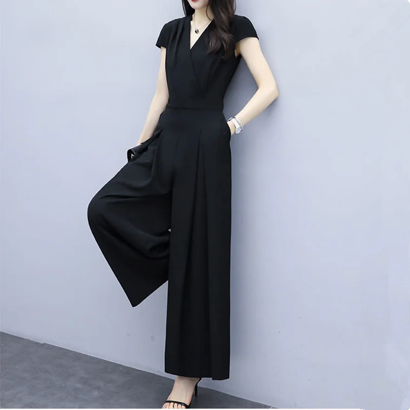 UHYTGF Fashion Summer Jumpsuit Women Black V Neck Wide Leg Pants Elegant Female Rompers Temperament Ladies Loose Size Clothes 19