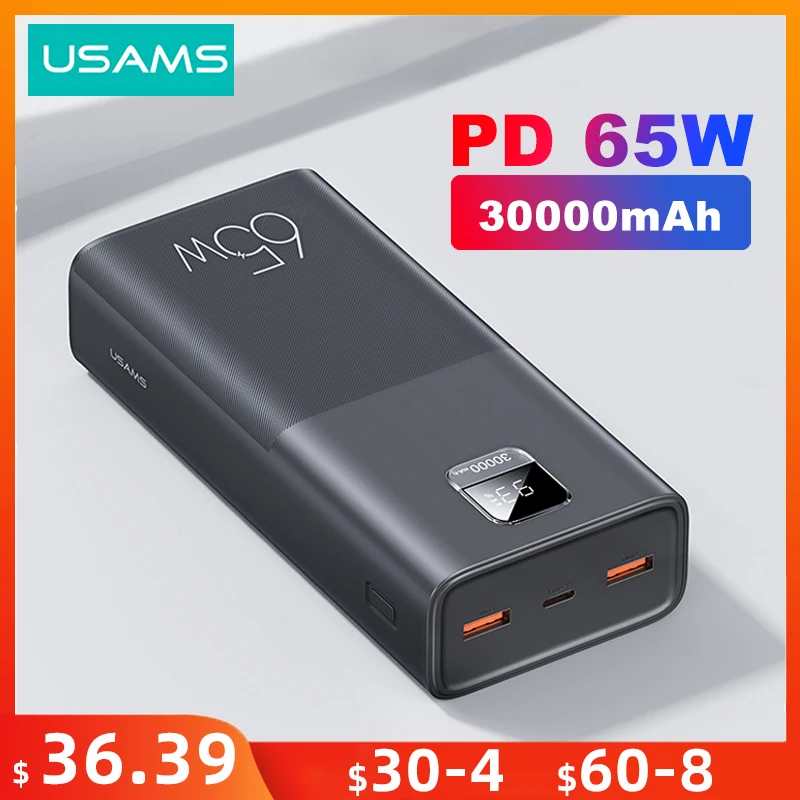 Carregador Portátil USAMS, Power Bank, 65W, 30000mAh, PD Quick Charge, SCP, FCP, Telefone, Laptop, Tablet, Mac