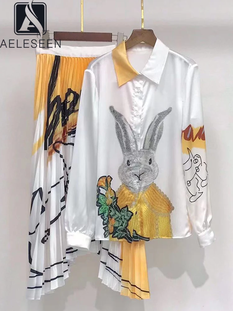 

AELESEEN 2022 Spring Designer Set Women Rabbit Printed Shirt+Fashion High Waist Pleated Skirt Ladies Elegant 2 Pieces Set