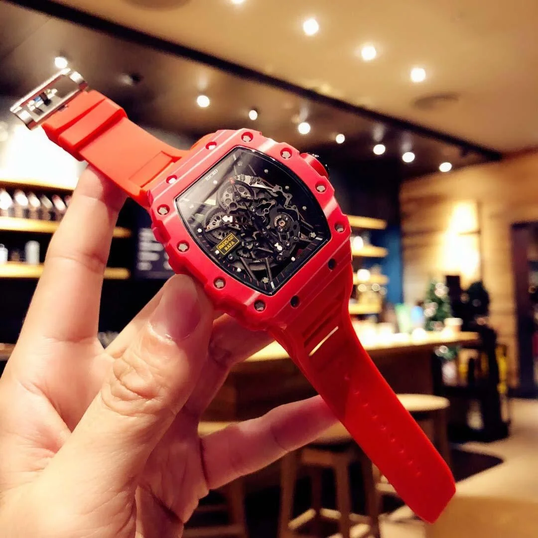 

High-Top Mens Mechanical Automatic Carbon Fiber Black Red Rubber Limited Edition Hollow Watch