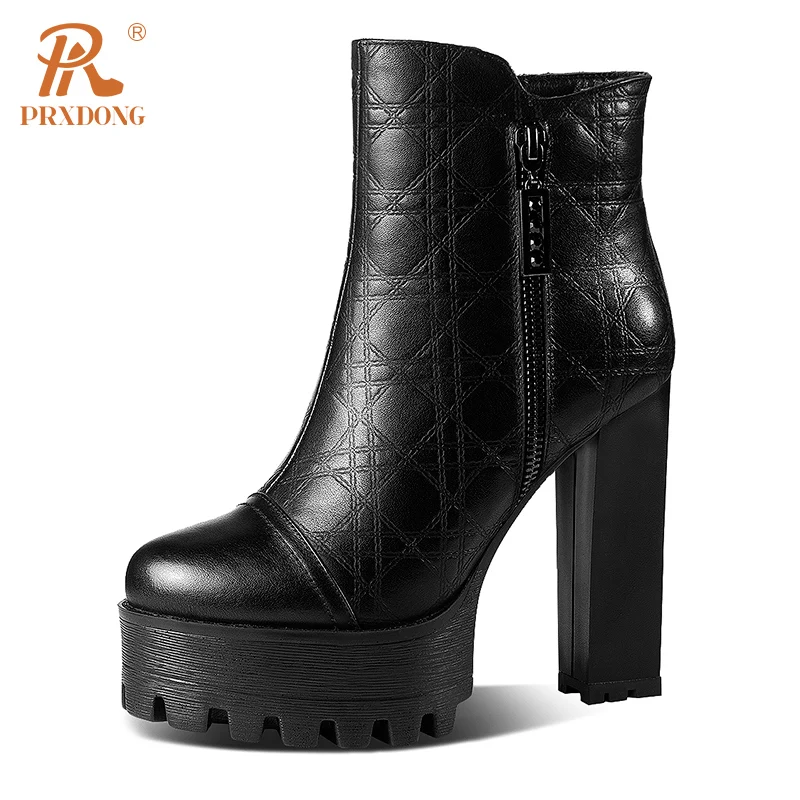 

Женские ботильоны из натуральной кожи PRXDONG, черные или белые ботильоны на массивном высоком каблуке, осенне-зимний сезон