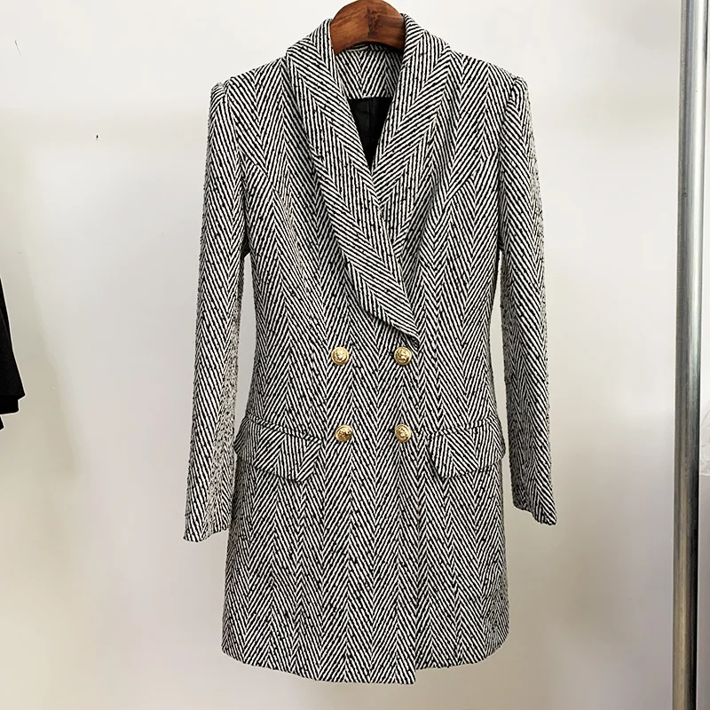 

HIGH STREET Newest Fall Winter 2022 Designer OverCoat Women's Slim Fit Shawl Collar Lion Buttons Herringbone Blends Tweed Coat