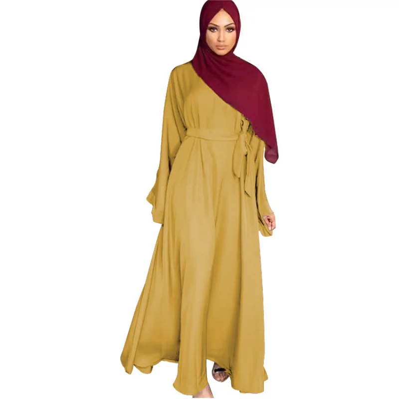 2023 New Arrival Spring Summer Muslim Women Long Sleeve O-neck Polyester Solid Color Long Abaya Muslim Fashion Dress No Headtie