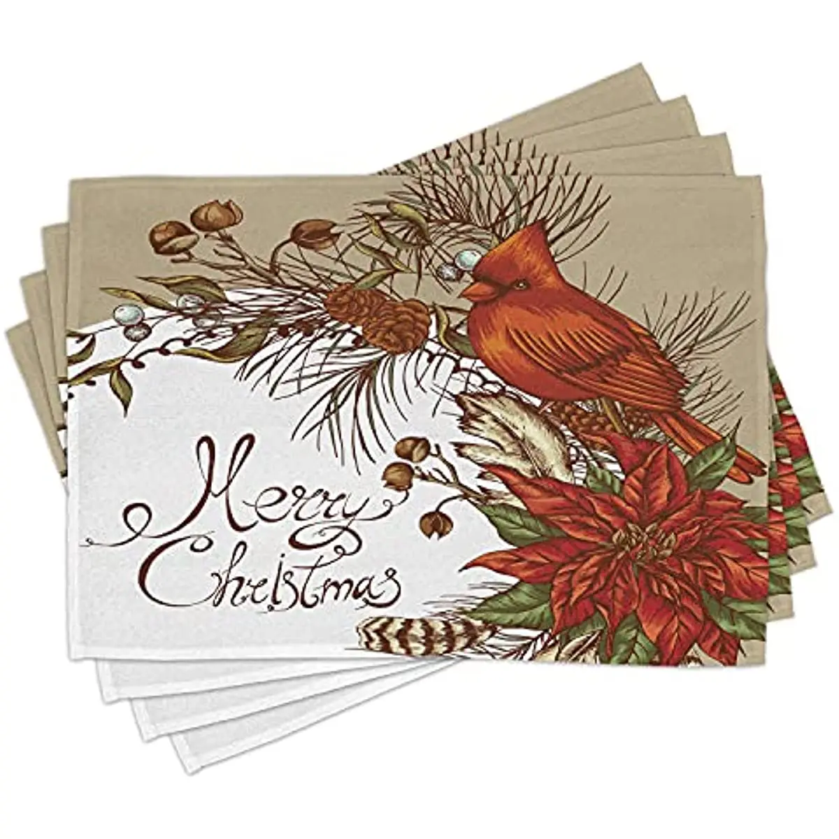 

Cardinal Place Mats Set of 4 Vintage Inspirations In Floral Arrangement of Christmas Poinsettia and Pine Cones Washable Placemat