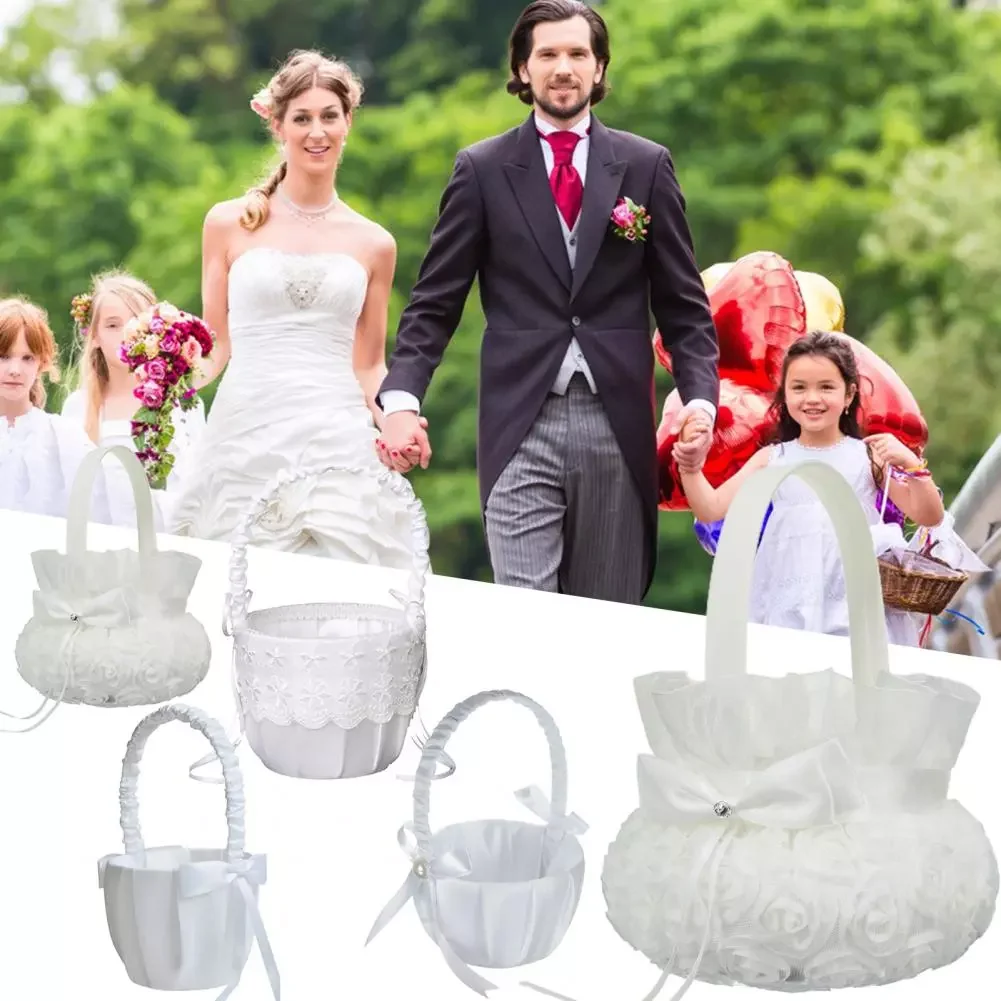 

Portable Wedding Flower Girl White Basket Silk Lace Pearl Rhinestone Decoration Handcrafted Western Style Celebration Supplies