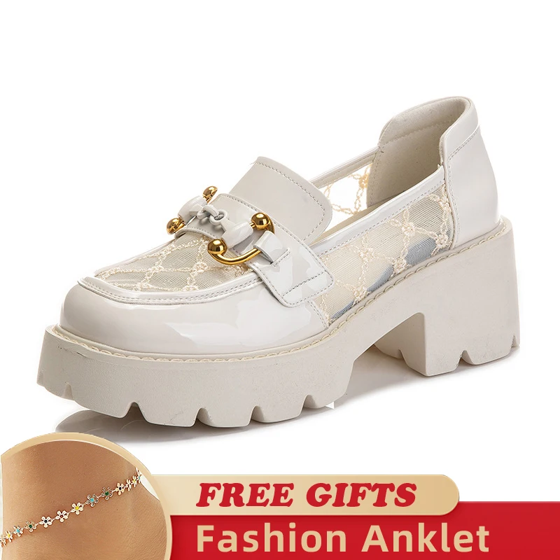 2023 Genuine Leather Female Elevator Shoes Sandals Hollow Mesh Summer Fashion Platform Wedge Chunky Comfy Women Loafer Shoes