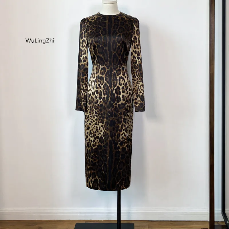 

Women Silk Bud Dress Leopard Dresses Top Quality 2023 Autumn O-Neck Long Sleeve Bud Dresses Slit Slim Waist New Arrive