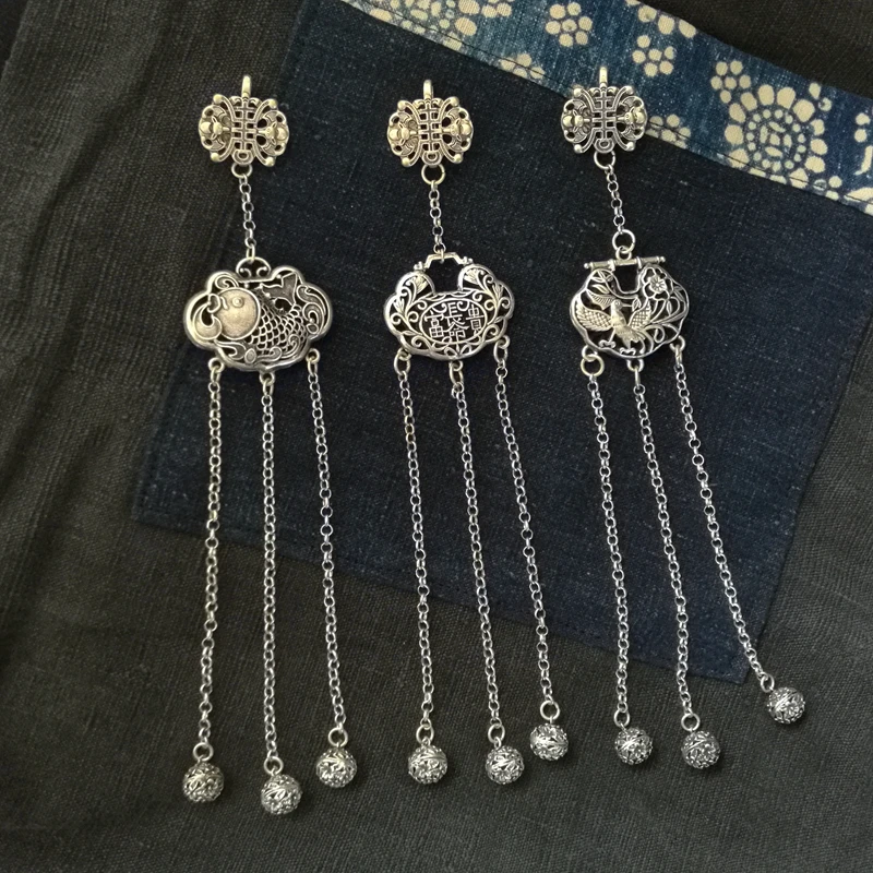 

Bat Lucky Overlapping-Weight Long Pendant Vintage Cheongsam Pendant Antique Accessories Brooch Imitation Old Silver Distressed H