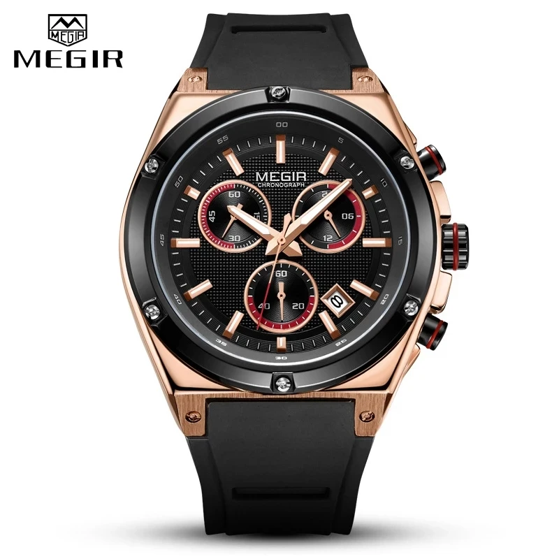 Megir Sport Silikon Chronograph Quarz Uhren Armee Lässig Wasserdichte 24-stunde Analog Armbanduhr für Mann Schwarz Rose